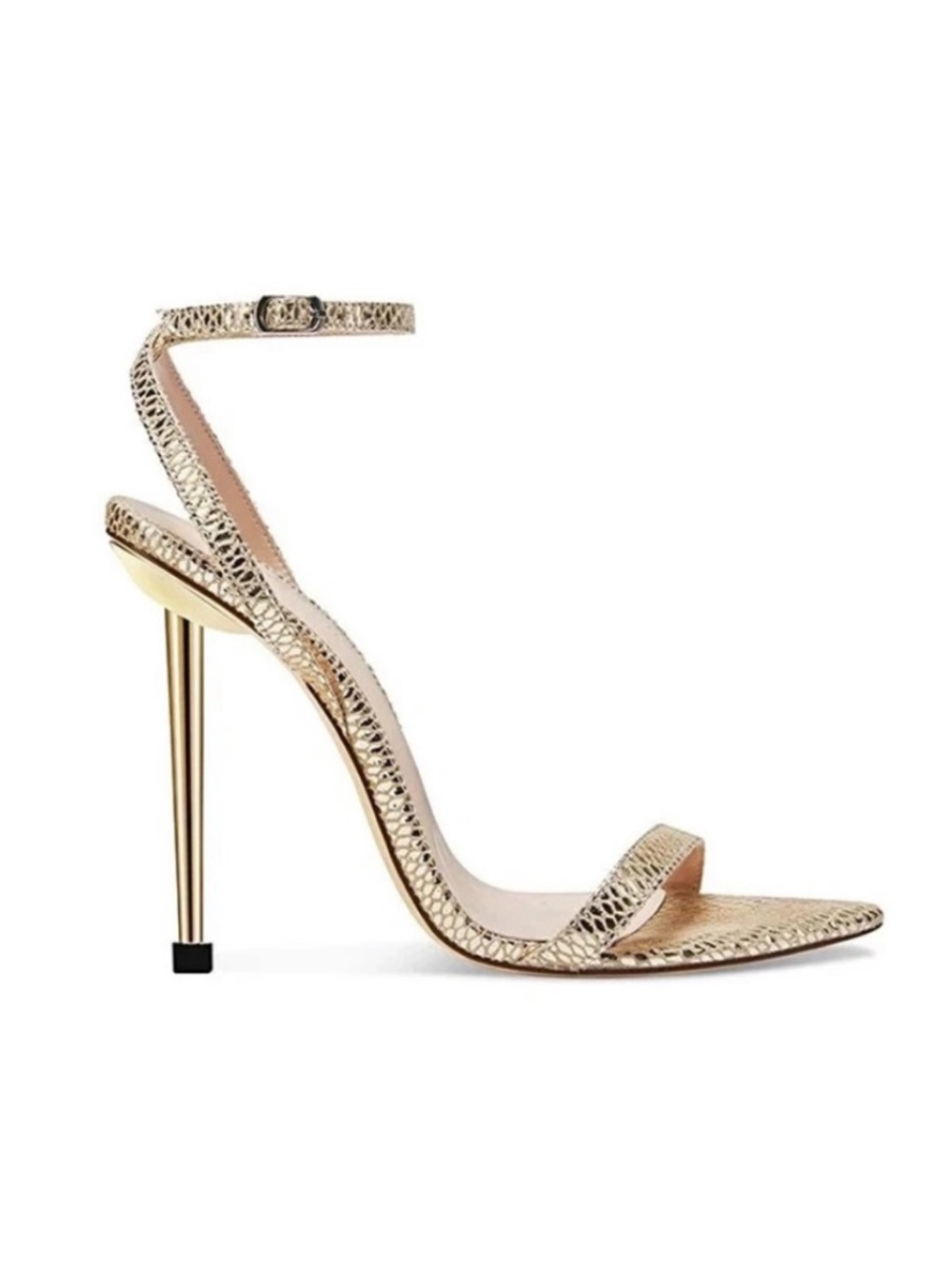 Femme LA Gold Strappy Pointed-Toe Heeled Sandals